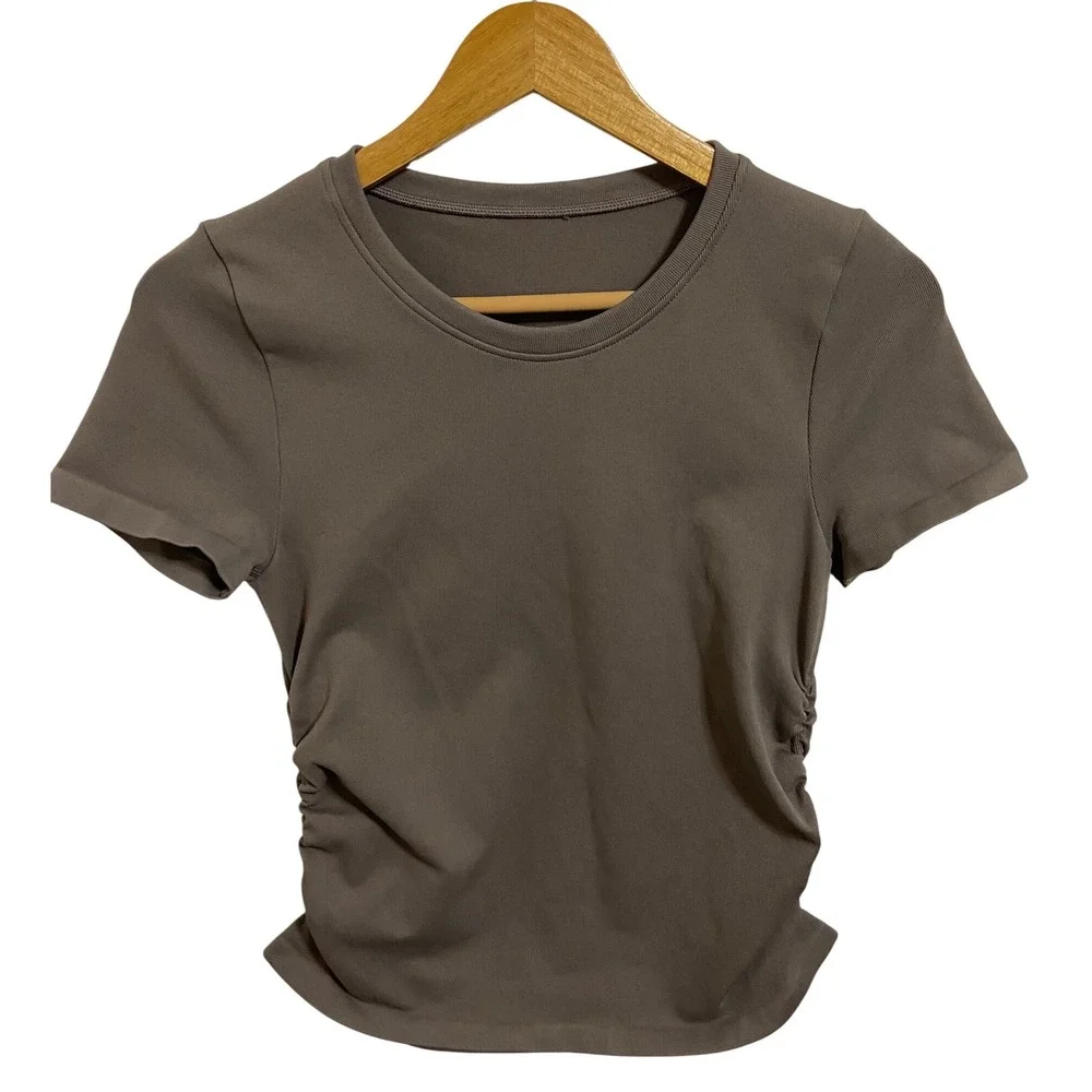 OQQ Ruched Side Short Sleeve Tee Brown Athletic‎ Coachella Festival Bodycon M